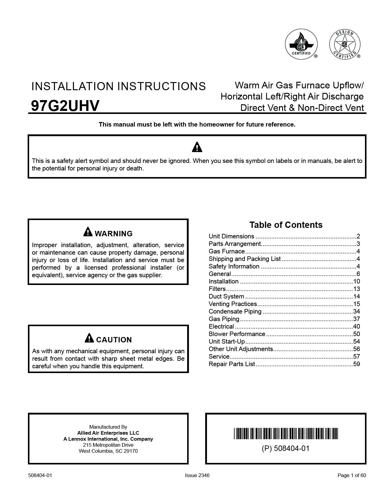Thos. Somerville Co. Ducane™ 97G2UH070BV12 97 Upflow/Horizontal, 2